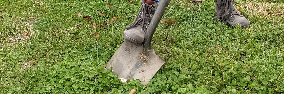Photo of a volunteer's boot pushing a shovel into the ground