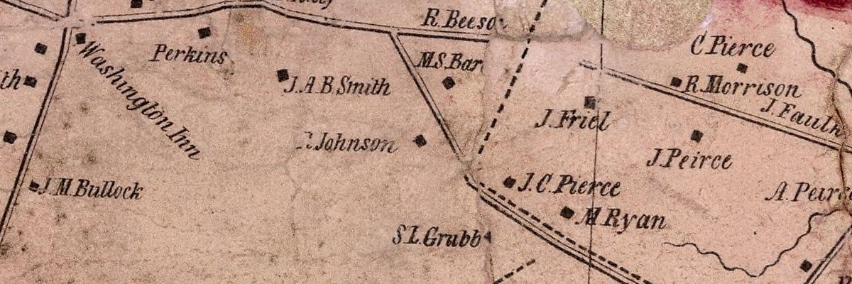 1849 map showing the Jester Farmhouse owned by R. Johnson