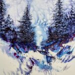 Painting of snow falling on pine trees