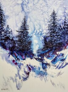 Painting of snow falling on pine trees