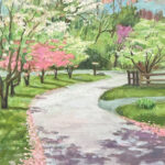 Painting of a road lined with blossoming trees in the spring