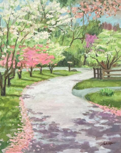 Painting of a road lined with blossoming trees in the spring